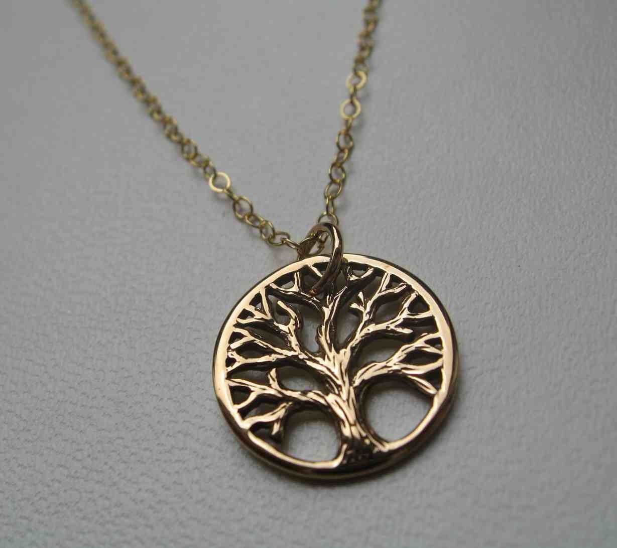 Textured tree of life pendant necklace - bronze charm on gold filled chain