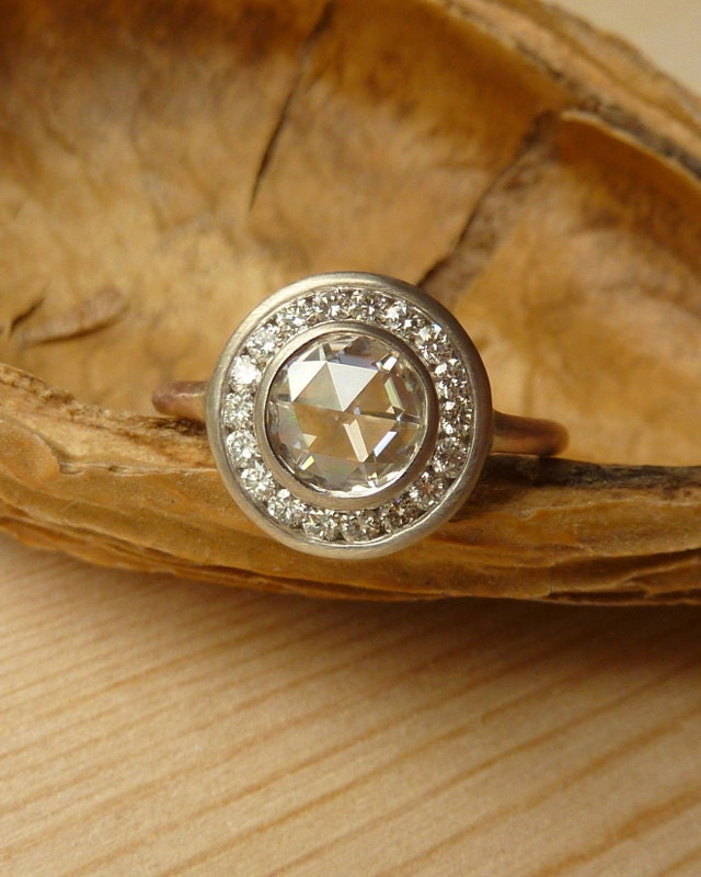 Rose Cut Moissanite and Channel Set Diamond Halo Ring