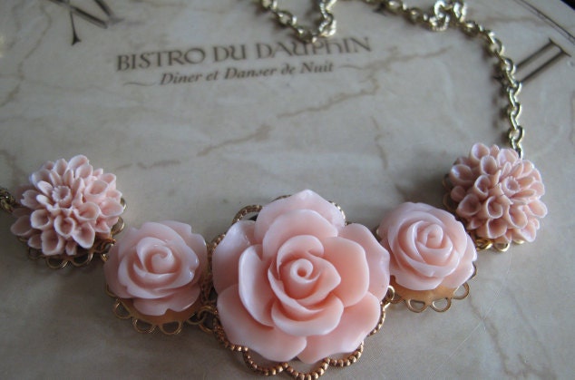 Pale Pink Rose Flower Necklace, Coral Bridesmaid Jewelry, Vintage Inspired Wedding