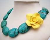 Turquoise Statement Necklace with Yellow Rose, Chunky, Asymmetric Beaded Jewelry, Teal & Buttercream Yellow - Frida