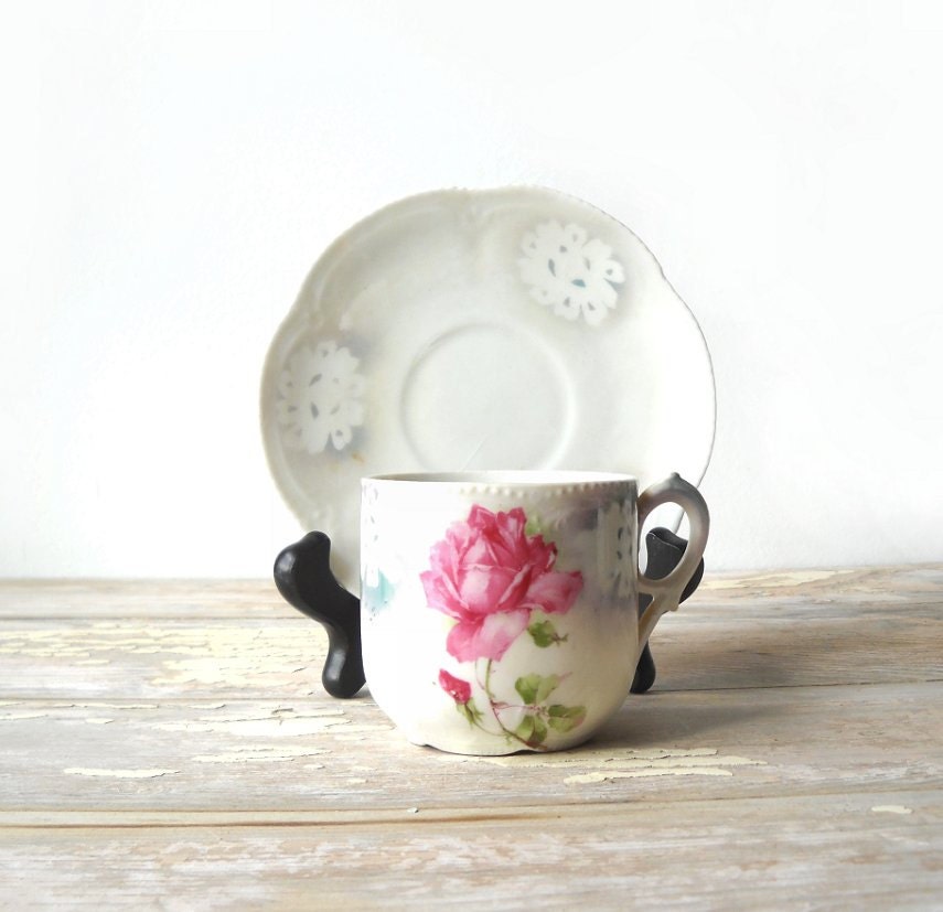Antique Pink Rose Cup & Saucer Nuremberg China Germany JHR Co