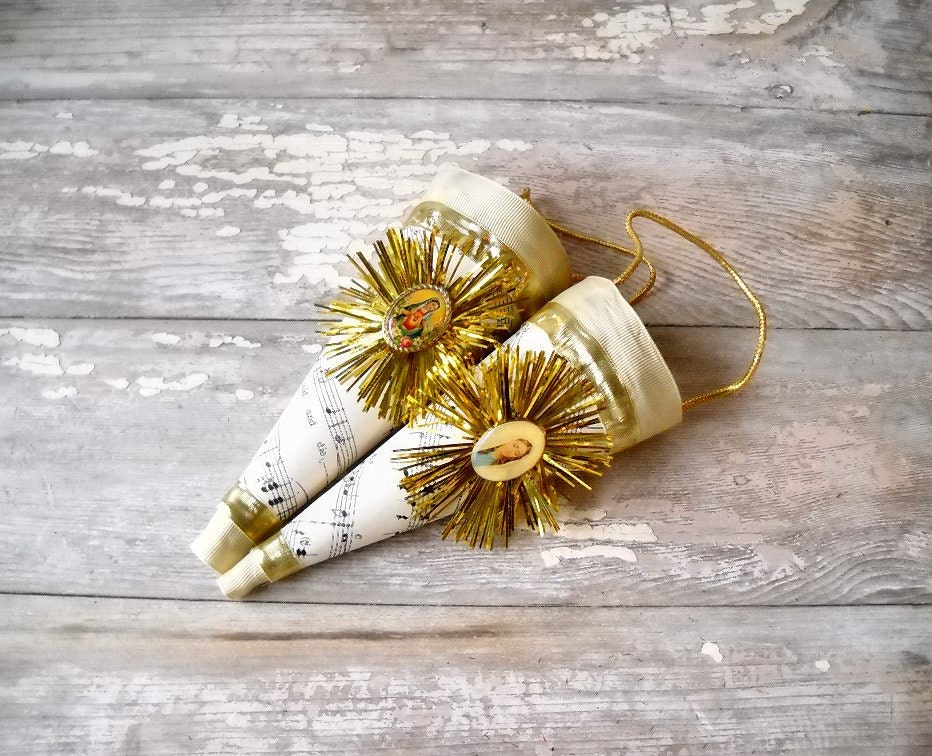 2 Easter Cone Ornaments Virgin Mary Vintage Sheet Music Decorations