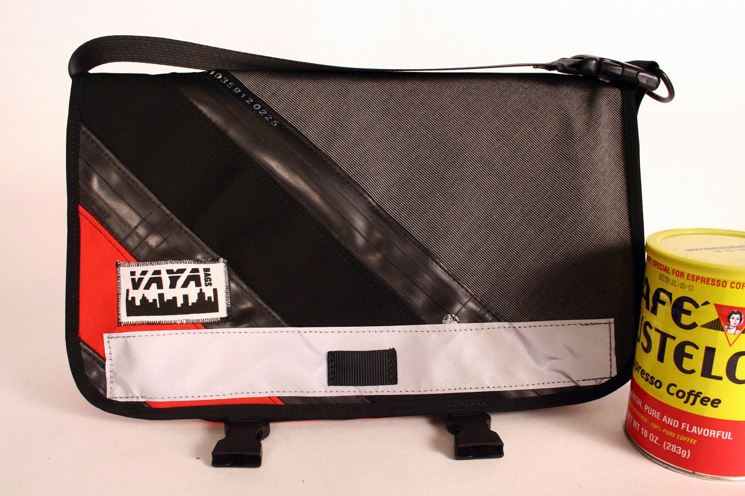 Petite Recycled Bike Tube and Canvas Striped Messenger Bag
