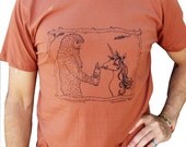 Sasquatch & Unicorn Men's Graphic Tee- Hand Screen Printed Cotton-Rust- Gift for Men