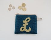 Coin Purse - teal wool with Pound Sign