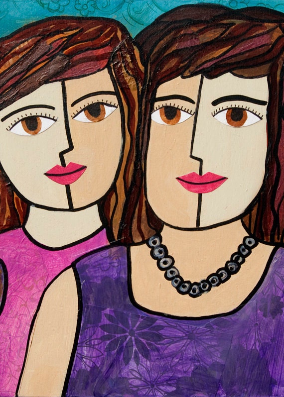 Sisters ART PRINT - 5 x 7 Best Friends Art, Gift for Sister, Gift for Best Friend, Woman Art, Whimsical Art, Mixed Media
