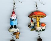 Gnome Earrings Garden Statue vintage Botanical mushroom illustrations pebbles