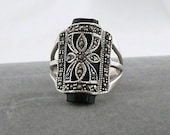 Vintage Sterling Marcasite Ring with Onyx
