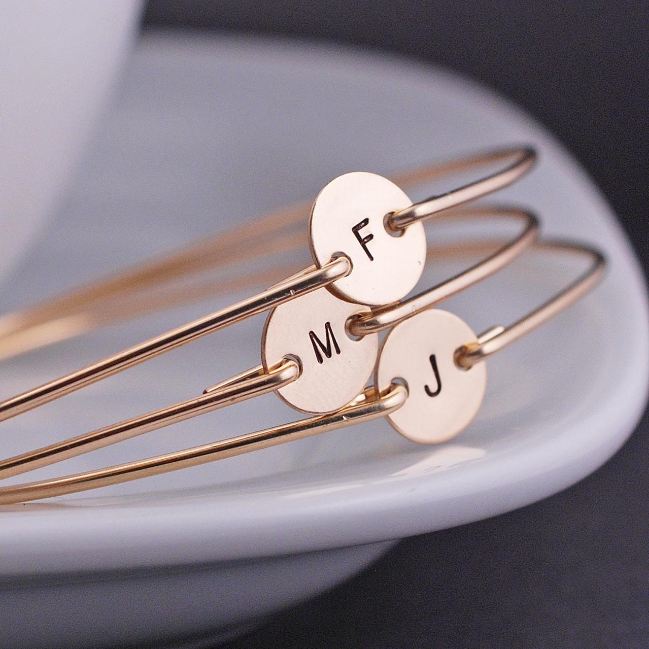 Personalized Mother's Bracelets, THREE Gold Mom Jewelry Gift, Gold Initial Bangle Bracelets