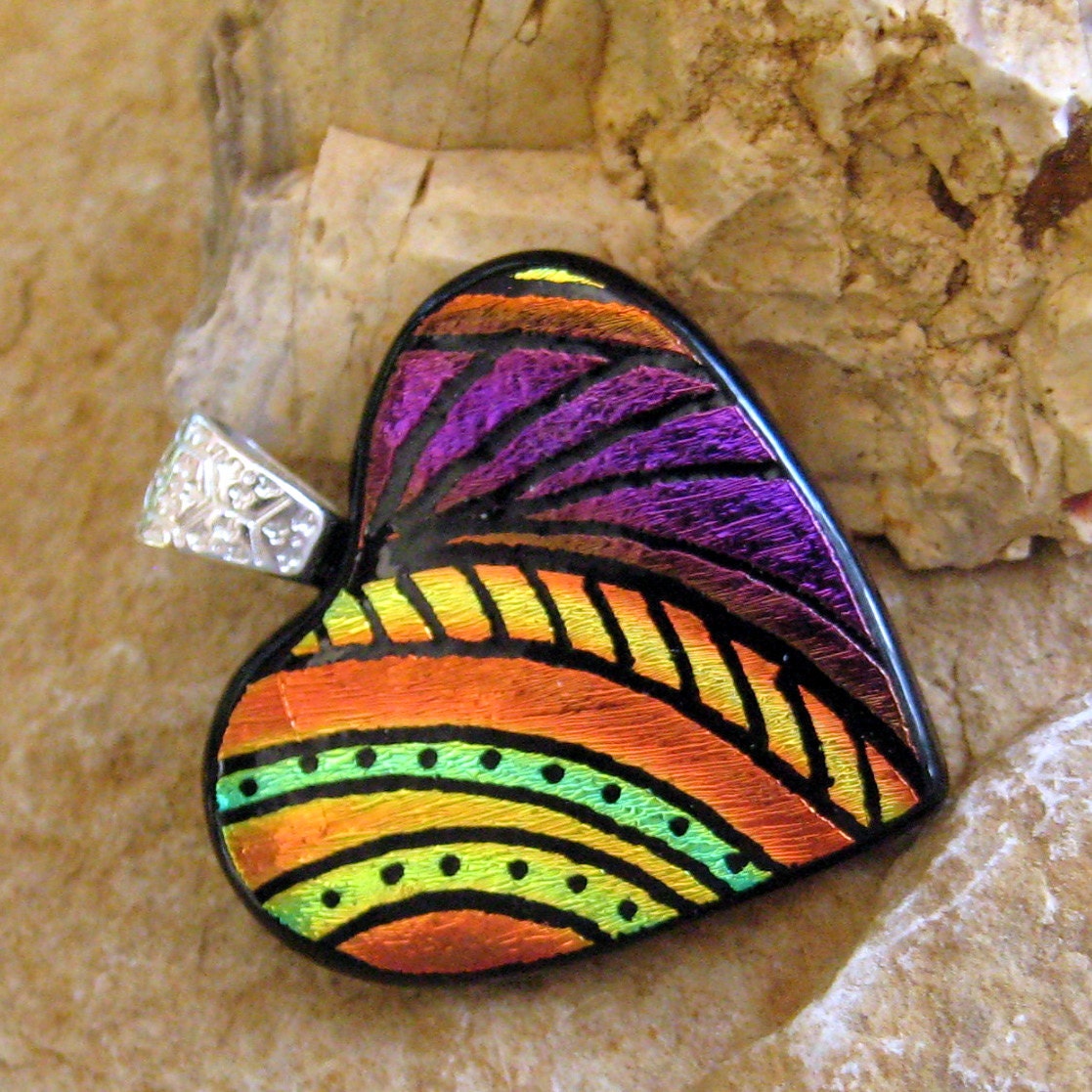 Dichroic Fused Glass Hand Etched Pendant, Fused Glass Heart Pendant - Heartfelt Memories