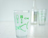 Garden Tools pint glasses, bright green - set of 2 - shovel rake pruning shears spade hoe