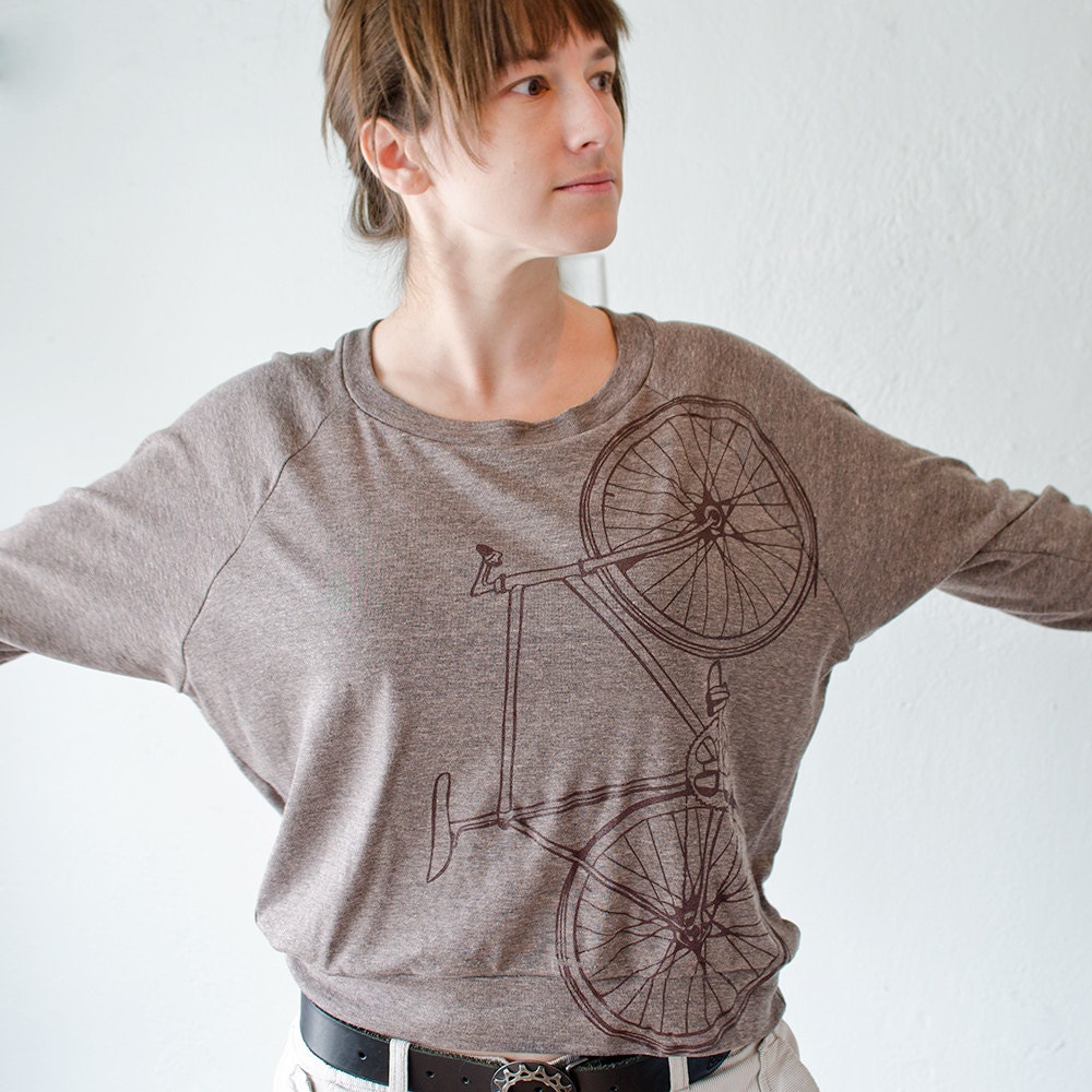 women's bicycle shirt - long sleeve raglan pullover - brown bike on coffee tri blend tshirt - medium