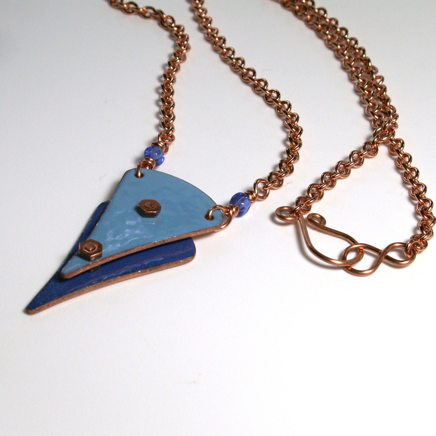 Blue Enamel Necklace . Chevron Jewelry . Copper Chain Necklace