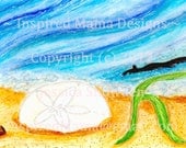 Sand Dollar Art 5x7 inch Print of Illustration of Sea Sand Surf