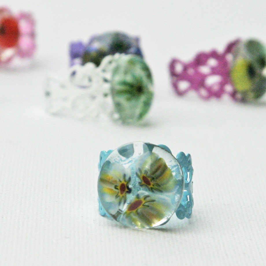 French Fused Glass Millefiori Cocktail Ring Adjustable Filigree