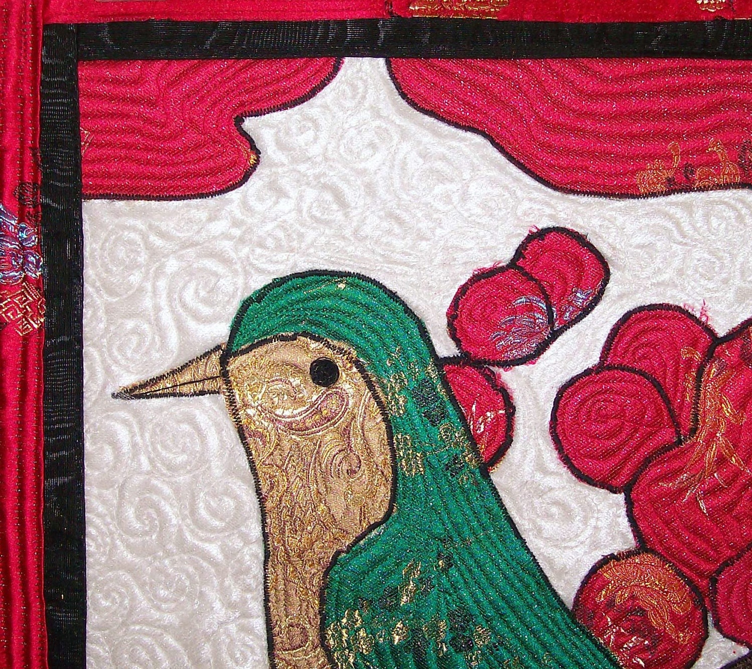 Art Quilt Wall Hanging. Bird on a Limb.  Korean Art  "Uguisu": "which sits on the branch of a plum tree"
