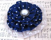 Navy Polka Dot and Lace Flower Brooch. Hair Clip and Pin Combo. Beige Lace. Navy and ivory polka dots