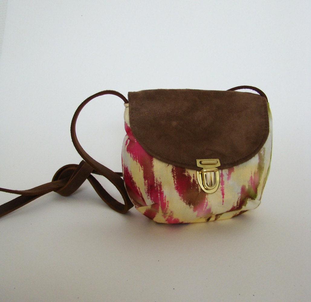 SALE City Satchel in pink ikat, small canteen purse with tribal print cotton and brown leather strap