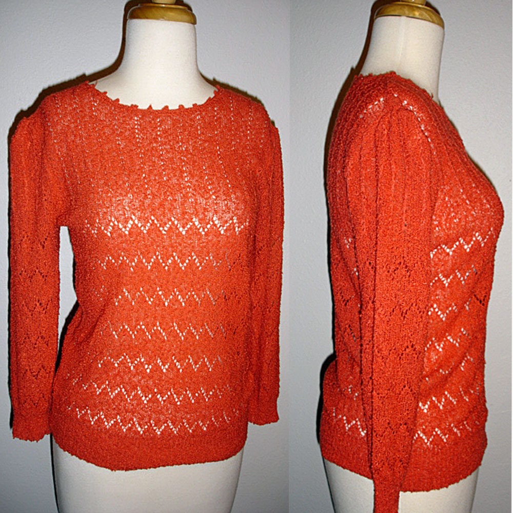 CHEVRON FUN - vintage 70's orange boucle chevron sweater - s/m