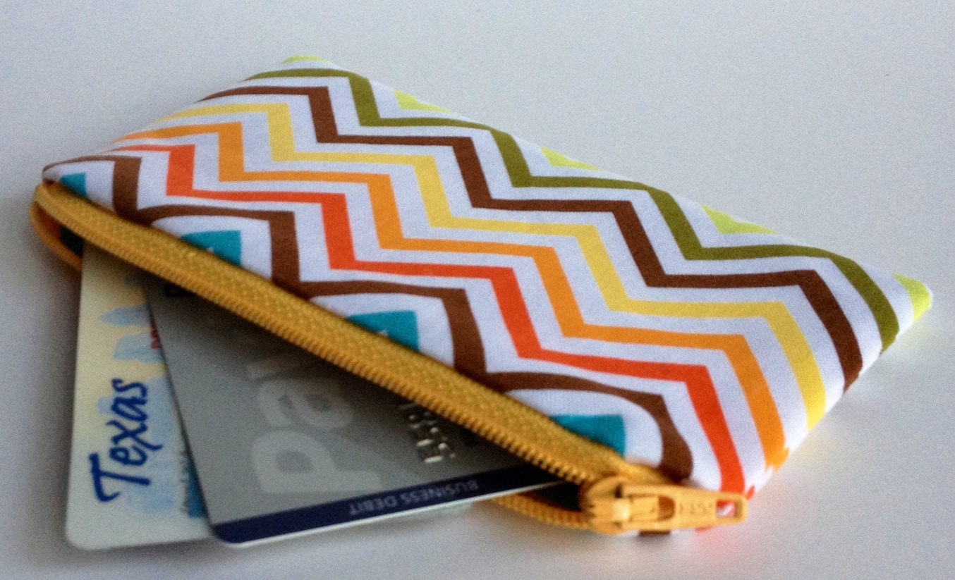 Zippered Coin Purse Wallet - Fabric Business Card Holder - Chevron Stripes