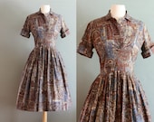 40's S Brown and Blue Pleated Day DRESS