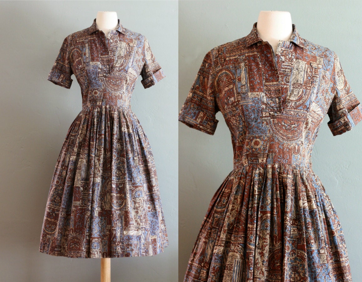 40's S Brown and Blue Pleated Day DRESS