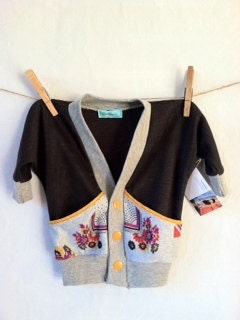 Grey Infant Cardigan with Vintage Polyester Pockets - handmade, baby, gray, mustard, floral