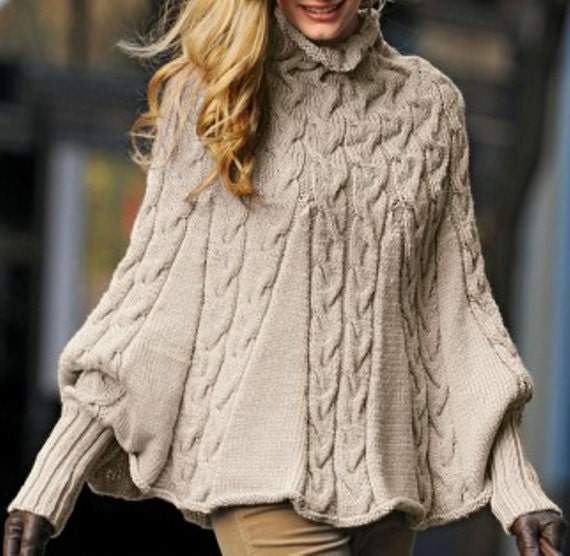 Hand Knit  Turtleneck Poncho  with sleeves Made to order Pick your color