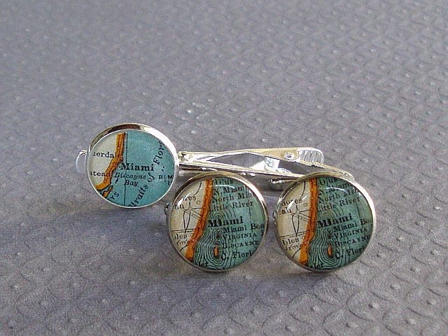 Miami  Map Cufflinks and Tie Bar Set Vintage Florida Atlas Tie Clip Tie Tack Cuff Links