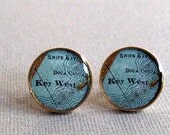 Solid Golden Bronze  Heirloom Map Cufflinks  Cast One Piece Key West  Antique Florida Atlas