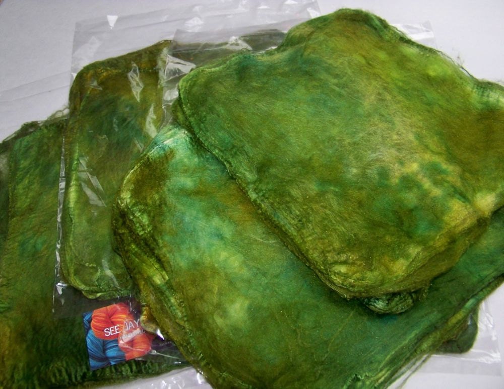 Hand Dyed Silk Fiber Mawata Silk Hankies for Spinning or Knitting -- BDU Greens (10grams)