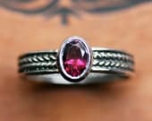 Rhodolite garnet ring - oval solitaire - January birthstone - recycled sterling silver - wheat texture - oxidized - bezel - size 8.25