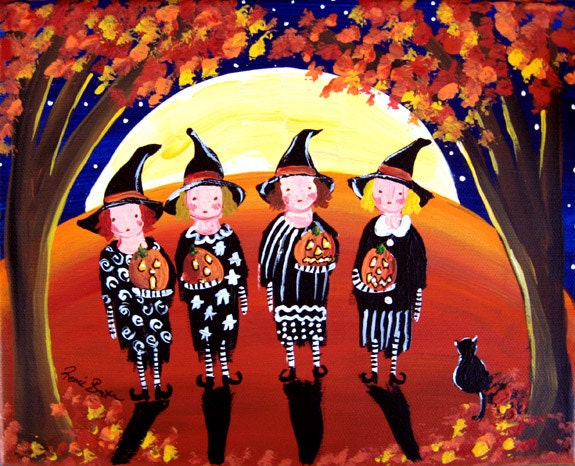 4 Little Witches Black Cat Halloween Full Moon Fall Folk Art Original Painting
