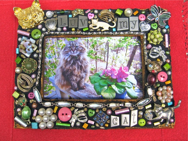 Luv My Cat Vintage Jewelry Mixed Media Mosaic Frame 4x6