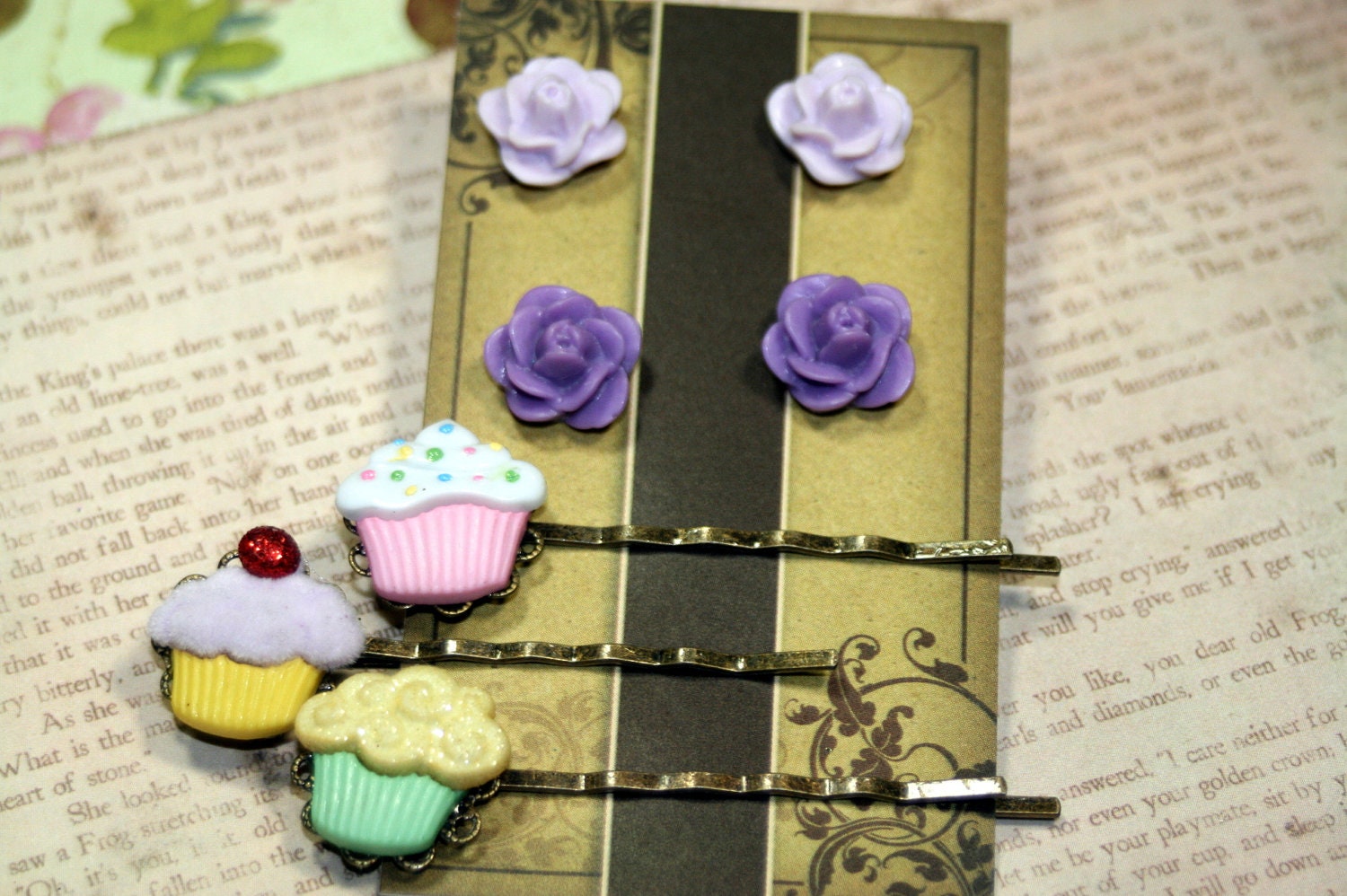 Pair of Purple Post Earrings Trio of Cupcake Bobby Pins STOCKING STUFFERS Santa Paid Shipping