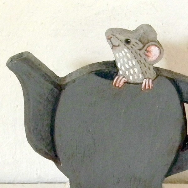 Teapot Mouse Dormouse Sculpture Folk Art Doll Pull Toy Hand Painted Original-- Made to Order within a week