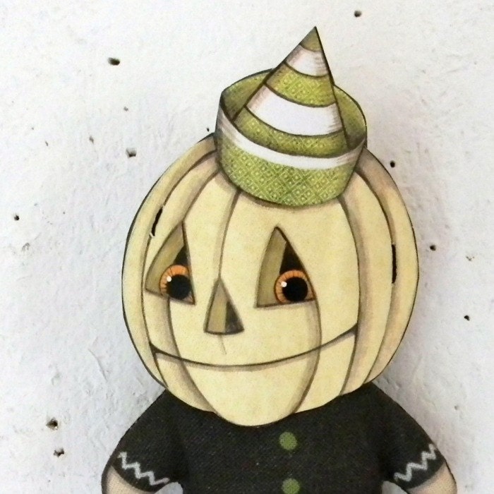 White Pumpkin JOL Mask Doll Halloween Clown-- Tiny Original Folk Art Printed and Stuffed Ornament