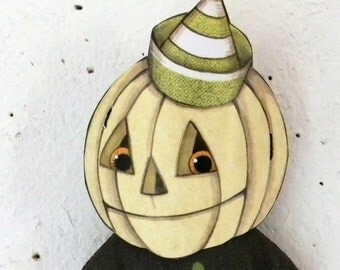 White Pumpkin JOL Mask Doll Halloween Clown-- Tiny Original Folk Art Printed and Stuffed Ornament