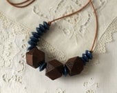 Chocolate & Navy Wood Beaded Leather Necklace