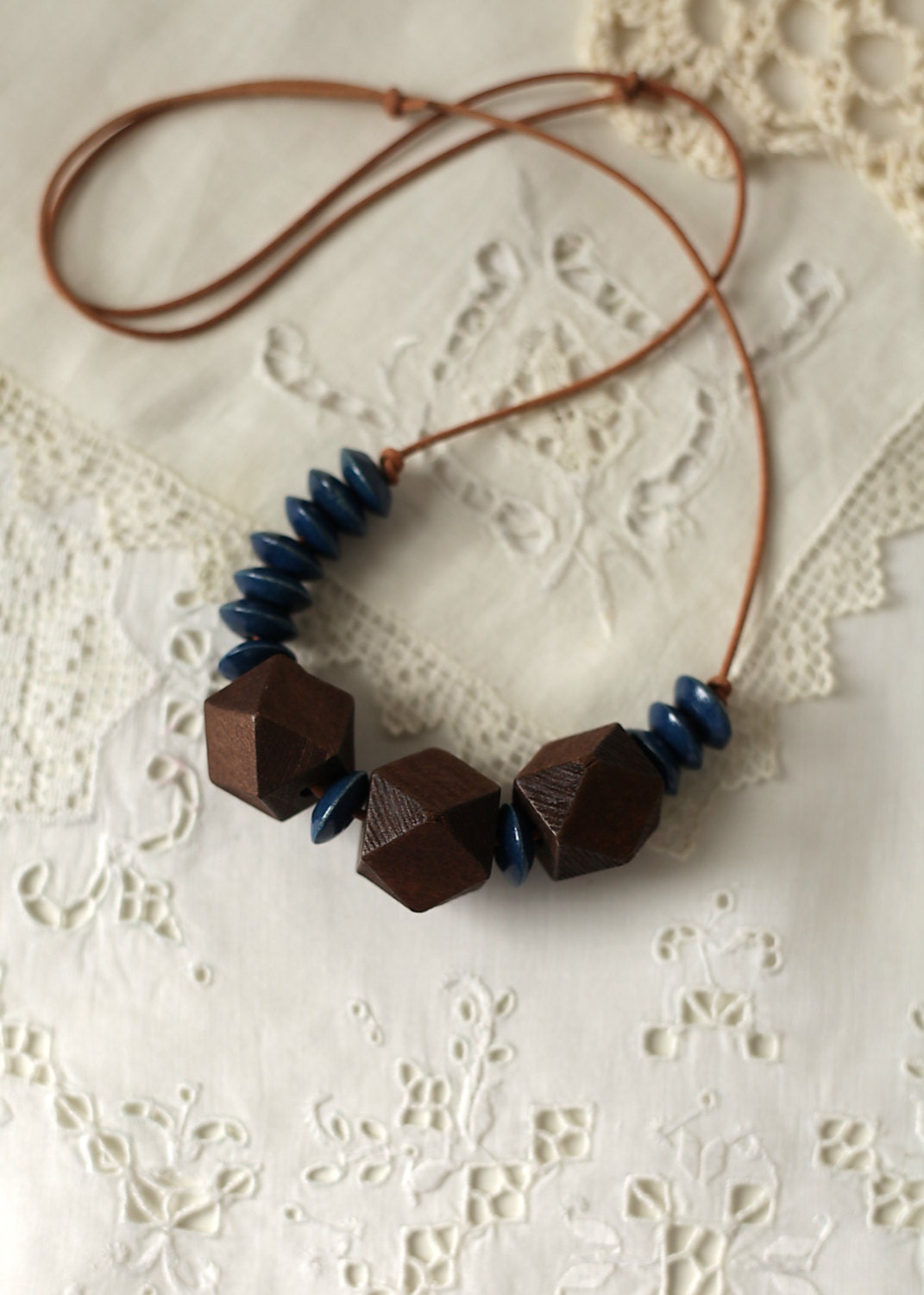 Chocolate & Navy Wood Beaded Leather Necklace
