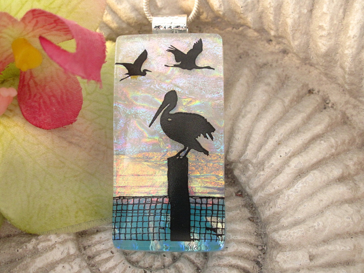 Pelican Necklace - Pelican Bird Jewelry - Dichroic Fused Glass Jewelry - Dichroic Fused Glass Necklace - Ocean Beach 110612p101