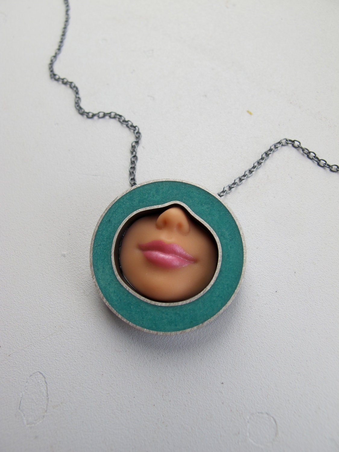Barbie Doll Smile Necklace with Aqua Resin