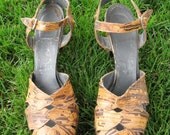 Vintage 1940s Shoes Open Toe Platform Snake Skin with Ankle Strap