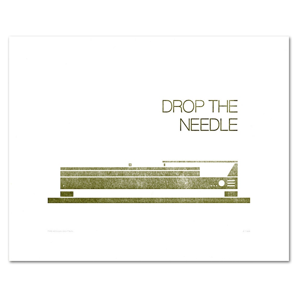 Print: Drop the Needle - Mid Century Turntable Illustration - Letterpress Print