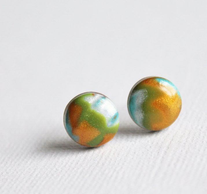 Petite earrings. Small earring posts. Stud earrings. Polymer clay, mokume gane.