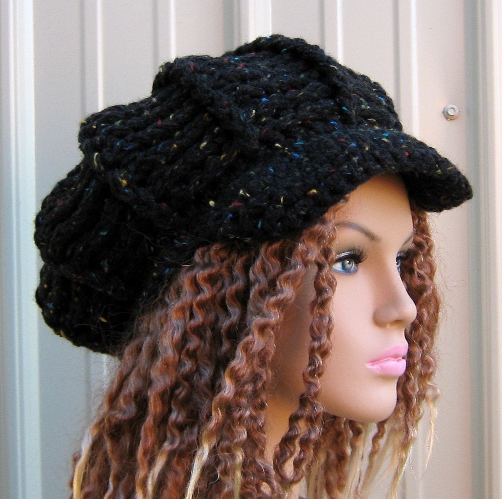 Black Visor Tam Newsboy Cap Hat Hippie Beanie Tweed Look