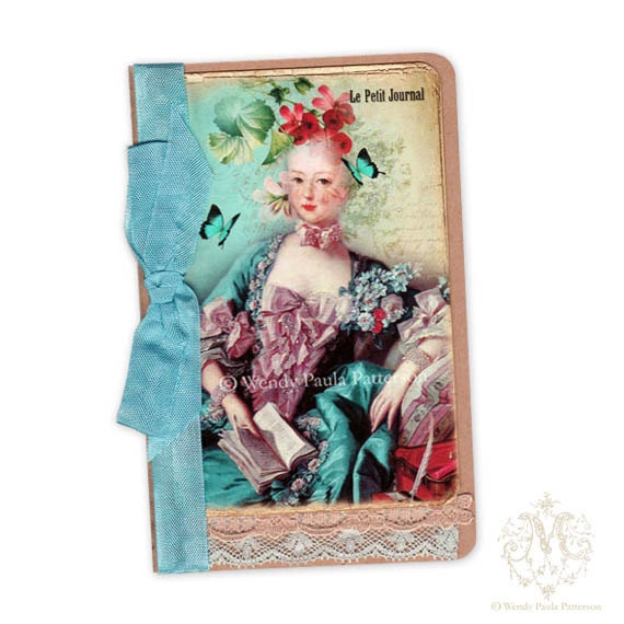 Marie Antoinette French Notebook, Journal, Vintage Lace, Rococo, Altered Art Journal, Aqua Blue