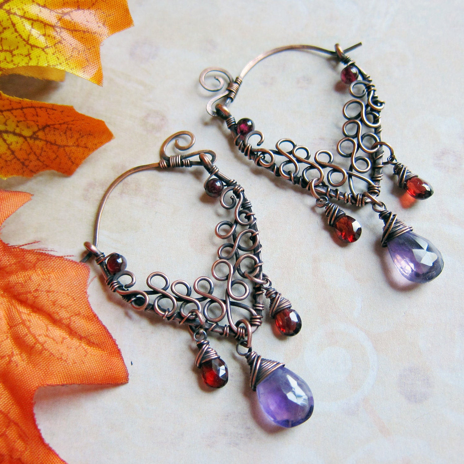 Eternal Autumnvale Earrings - Amethyst and Garnet Ornate Hoops