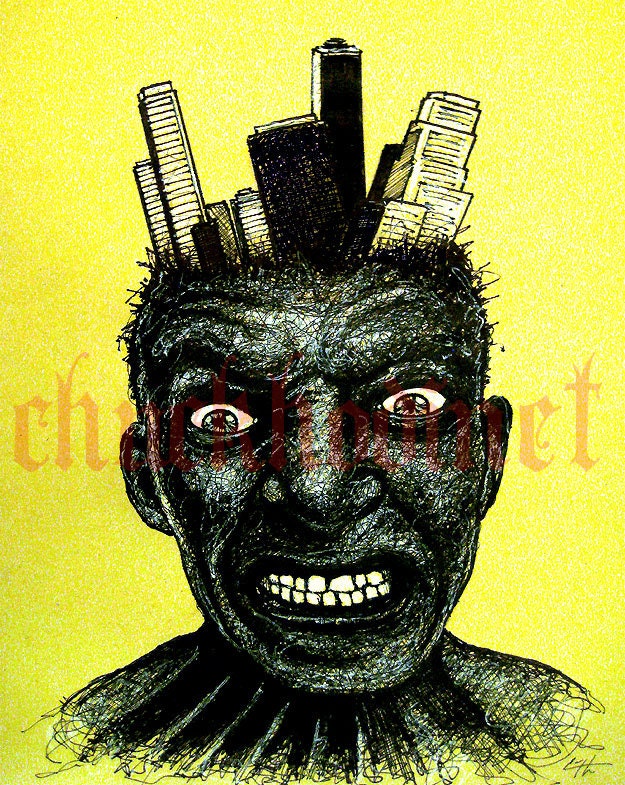 Print 8x10" - I hate the city life - Ink Buildings Angry Lowbrow Surreal Anger Juxtapoz Yellow Black White Los Angeles New York Pop Ar
