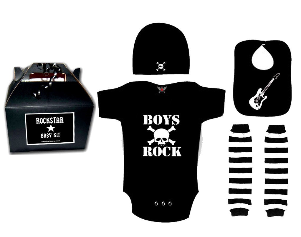 Boys Rock Baby One piece Hat bib leg warmers gift box punk rock rockstar black shirt